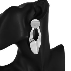 Silver Crushed Abstract Irregular Oval Circle Hoop Drop Dangle Metal Earrings 3"